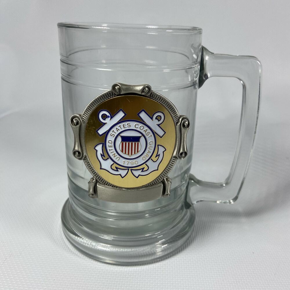 UNITED STATES COAST GUARD METAL EMBLEM CREST GLASS BEER COFFEE MUG STEIN RARE